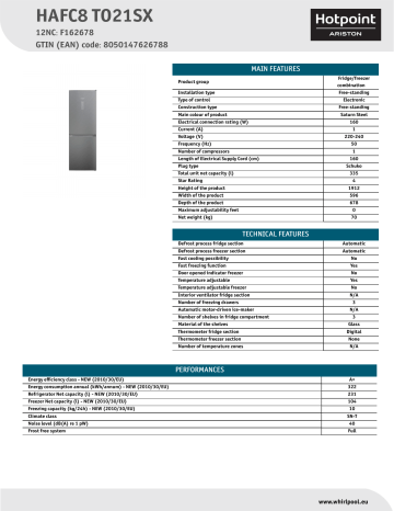 HOTPOINT/ARISTON HAFC8 TO21SX Fridge/freezer combination Product Data Sheet | Manualzz