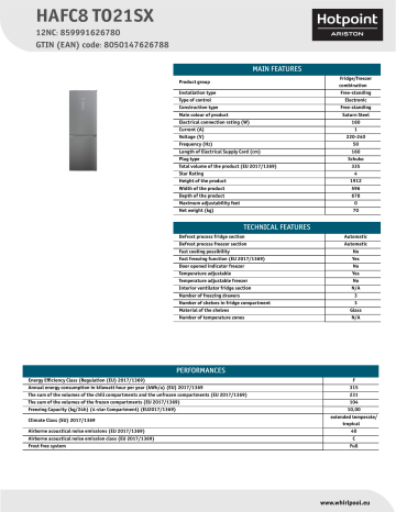 HOTPOINT/ARISTON HAFC8 TO21SX Fridge/freezer combination NEL Data Sheet | Manualzz