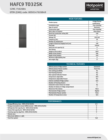 HOTPOINT/ARISTON HAFC9 TO32SK Fridge/freezer combination Product Data Sheet | Manualzz