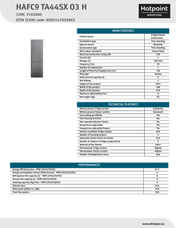 HOTPOINT/ARISTON HAFC9 TA44SX O3 H Fridge/freezer combination Product Data Sheet | Manualzz