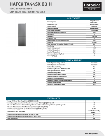 HOTPOINT/ARISTON HAFC9 TA44SX O3 H Fridge/freezer combination NEL Data Sheet | Manualzz