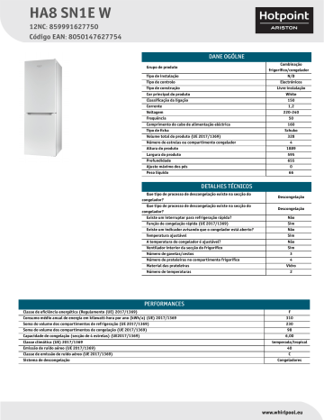 HOTPOINT/ARISTON HA8 SN1E W Fridge/freezer combination NEL Data Sheet | Manualzz