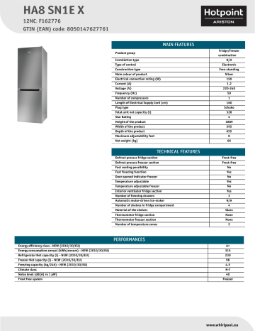 HOTPOINT/ARISTON HA8 SN1E X Fridge/freezer combination Product Data Sheet | Manualzz