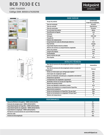 HOTPOINT/ARISTON BCB 7030 E C1 Fridge/freezer combination Product Data Sheet | Manualzz