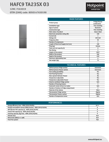 HOTPOINT/ARISTON HAFC9 TA23SX O3 Fridge/freezer combination Product Data Sheet | Manualzz