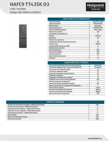 HOTPOINT/ARISTON HAFC9 TT43SK O3 Fridge/freezer combination Product Data Sheet | Manualzz