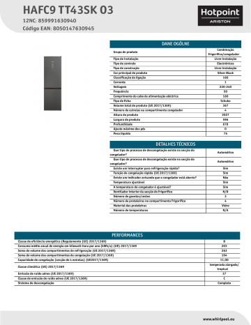 HOTPOINT/ARISTON HAFC9 TT43SK O3 Fridge/freezer combination NEL Data Sheet | Manualzz