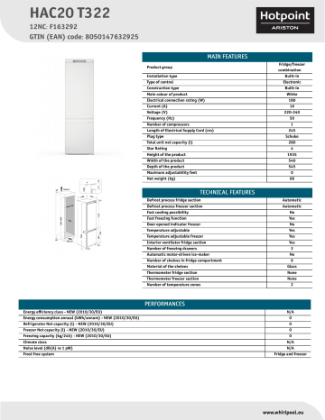HOTPOINT/ARISTON HAC20 T322 Fridge/freezer combination Product Data Sheet | Manualzz