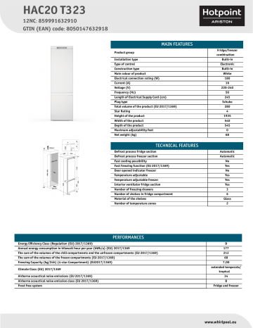 HOTPOINT/ARISTON HAC20 T323 Fridge/freezer combination NEL Data Sheet | Manualzz