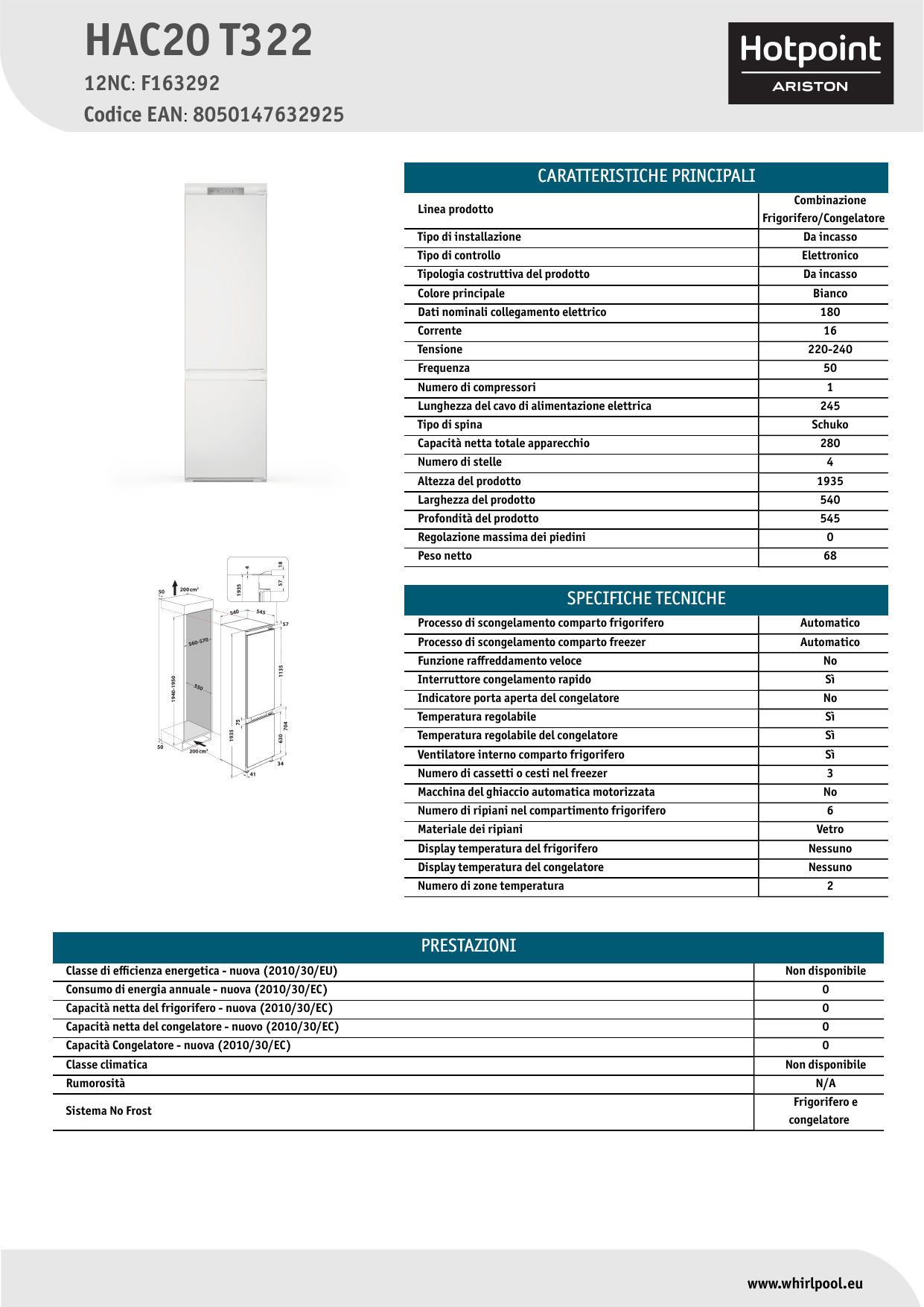 HOTPOINT/ARISTON HAC20 T322 Fridge/freezer combination Product Data Sheet |  Manualzz
