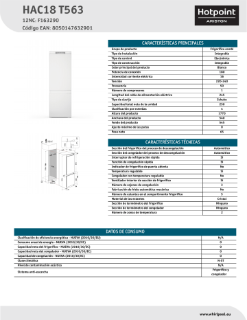 HOTPOINT/ARISTON HAC18 T563 Fridge/freezer combination Product Data Sheet | Manualzz