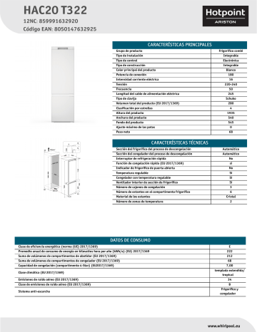 HOTPOINT/ARISTON HAC20 T322 Fridge/freezer combination NEL Data Sheet |  Manualzz