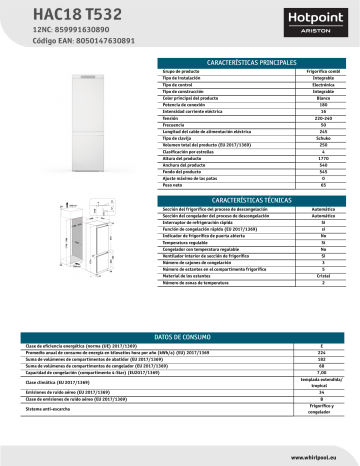 HOTPOINT/ARISTON HAC18 T532 Fridge/freezer combination NEL Data Sheet | Manualzz