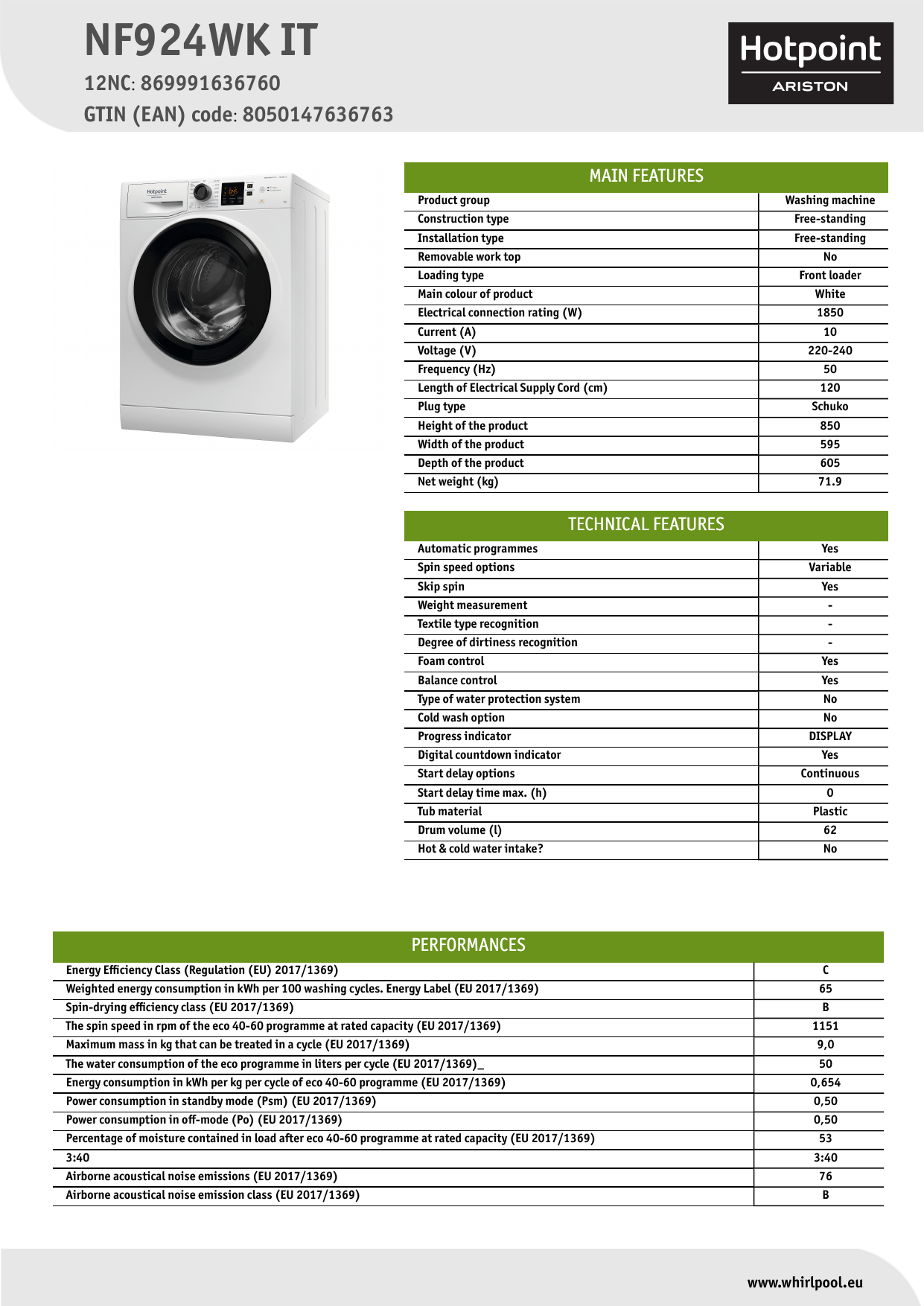 HOTPOINT/ARISTON NF924WK IT Washing machine NEL Data Sheet | Manualzz