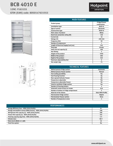 HOTPOINT/ARISTON BCB 4010 E Fridge/freezer combination Product Data Sheet | Manualzz