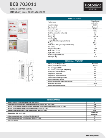 HOTPOINT/ARISTON BCB 703011 Fridge/freezer combination NEL Data Sheet | Manualzz