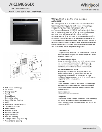 Whirlpool AKZM656IX Oven Product Data Sheet | Manualzz