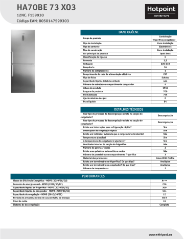 HOTPOINT/ARISTON HA70BE 73 XO3 Fridge/freezer combination Product Data Sheet | Manualzz