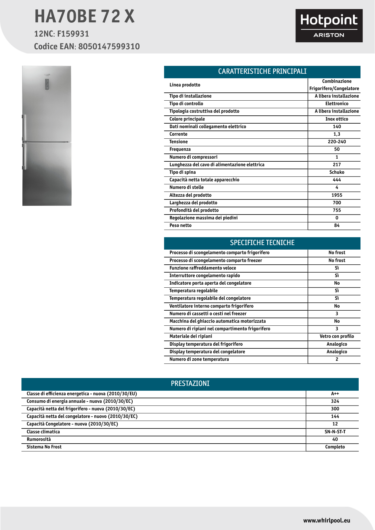 HOTPOINT/ARISTON HA70BE 72 X Fridge/freezer combination Product Data Sheet  | Manualzz