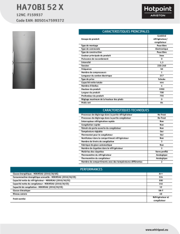 HOTPOINT/ARISTON HA70BI 52 X Fridge/freezer combination Product Data Sheet  | Manualzz
