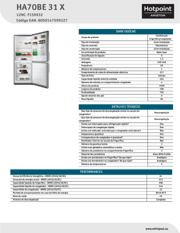 HOTPOINT/ARISTON HA70BE 31 X Fridge/freezer combination Product Data Sheet | Manualzz