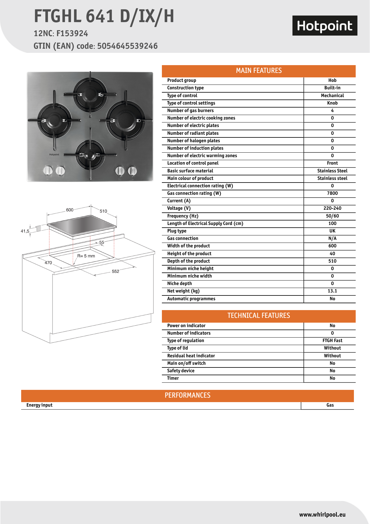 Hotpoint FTGHL 641 D/IX/H Hob Product Data Sheet | Manualzz