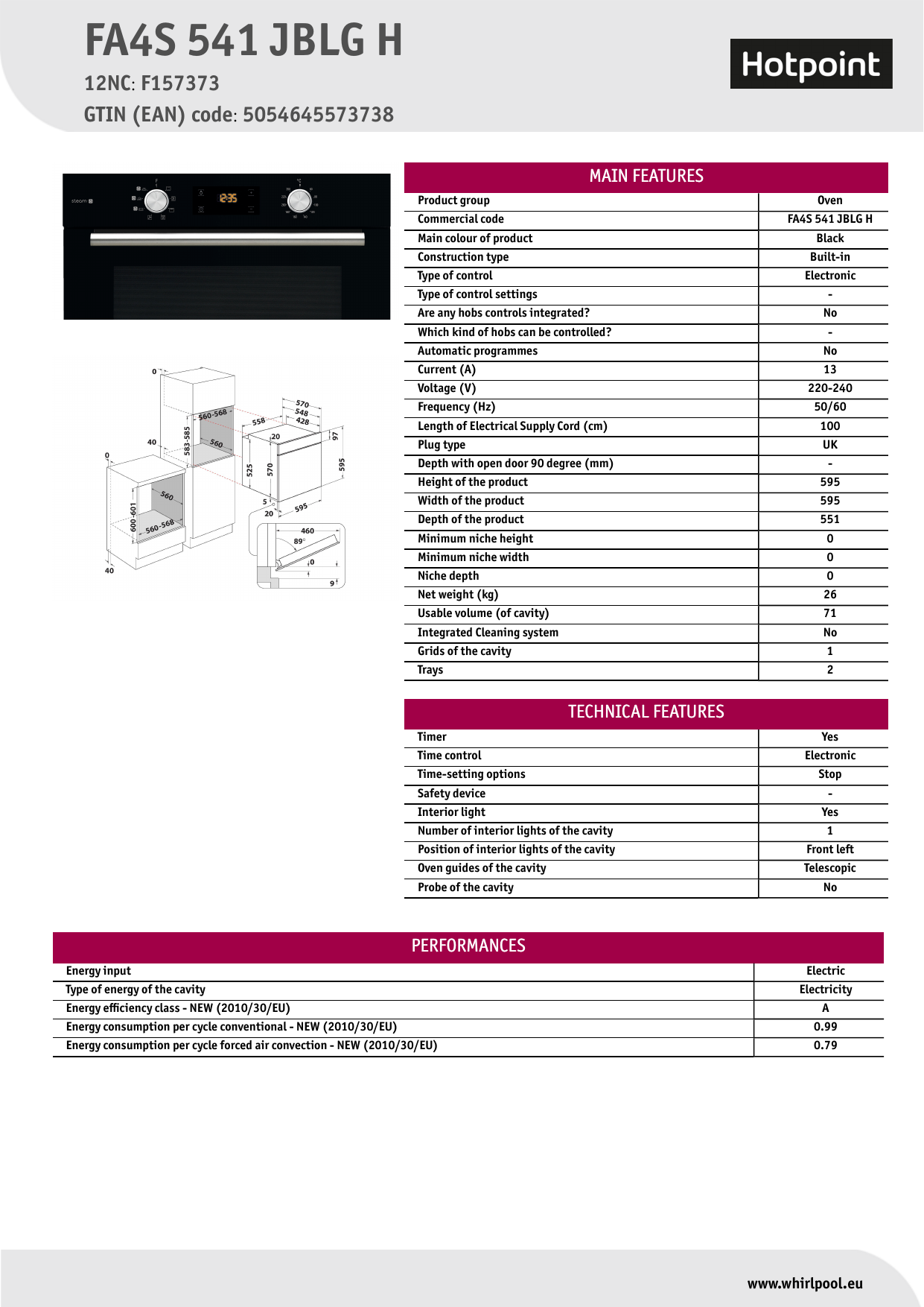 Hotpoint FA4S 541 JBLG H Oven Product Data Sheet | Manualzz