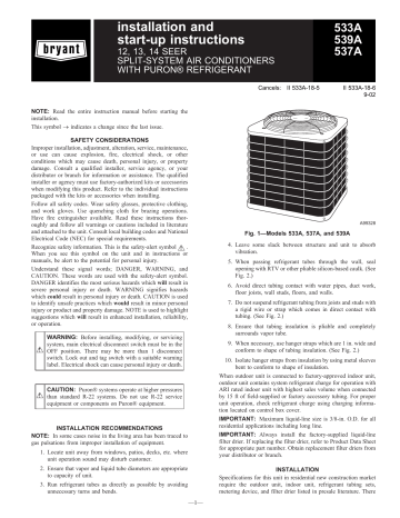 Bryant PURON 539A Installation And Start-Up Instructions Manual | Manualzz