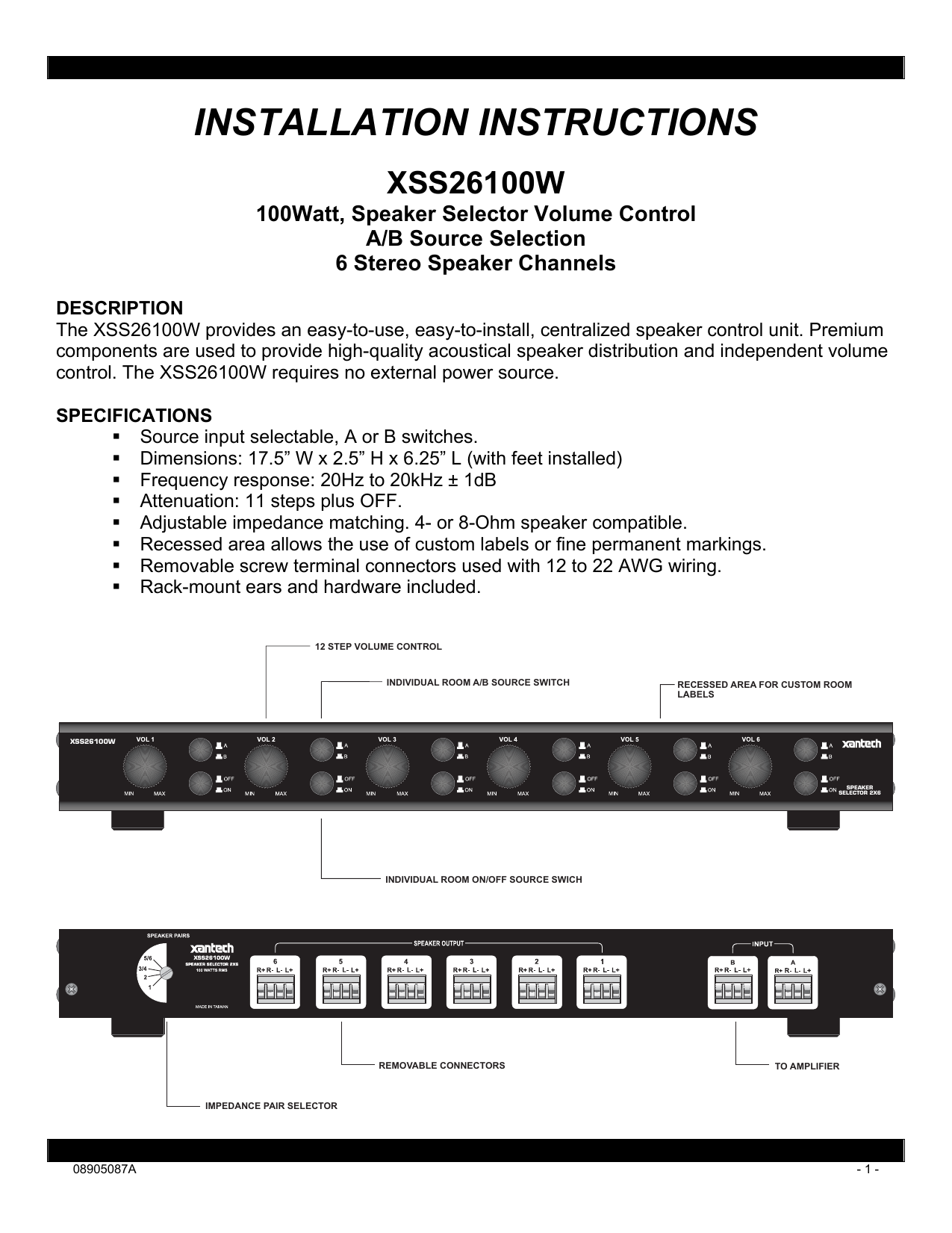 Xantech XSS26100W Installation 