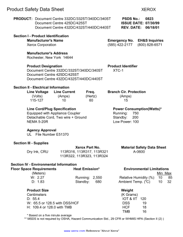 Xerox Document Centre 340ST Product Safety Data Sheet | Manualzz