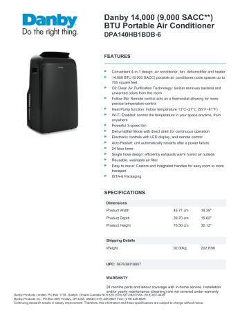 Danby DPA140HB1BDB-6 Spec Sheet | Manualzz