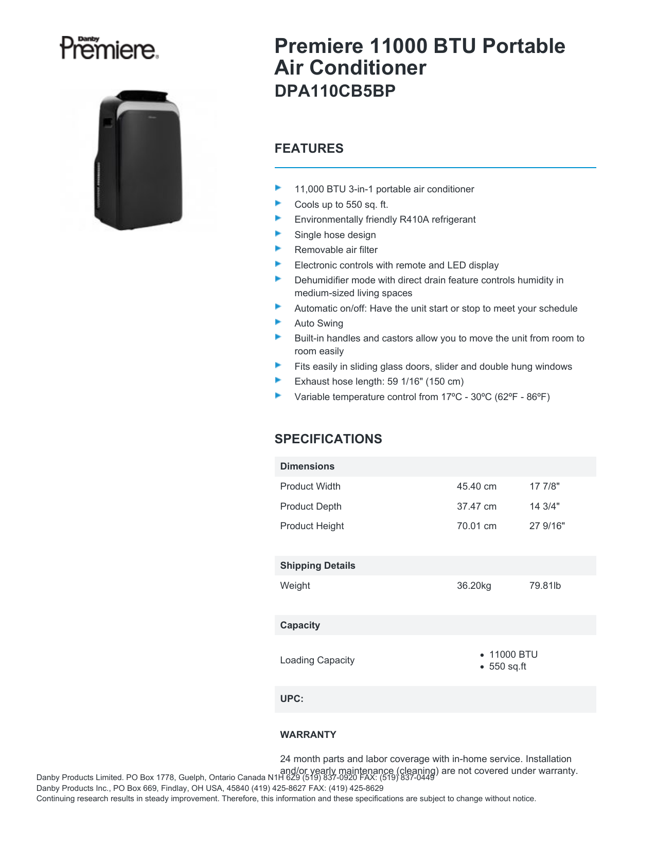 Danby DPA110CB5BP Spec Sheet | Manualzz