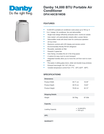 Danby DPA140CB1WDB Spec Sheet | Manualzz