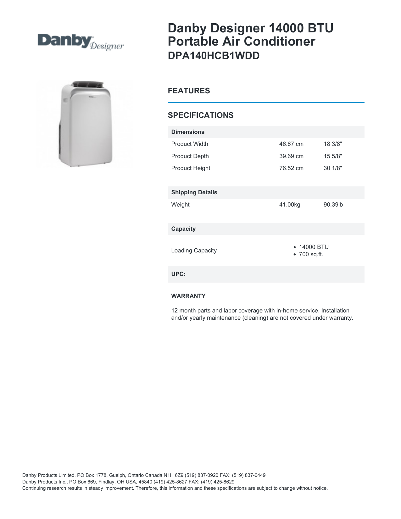 Danby DPA140HCB1WDD Spec Sheet | Manualzz