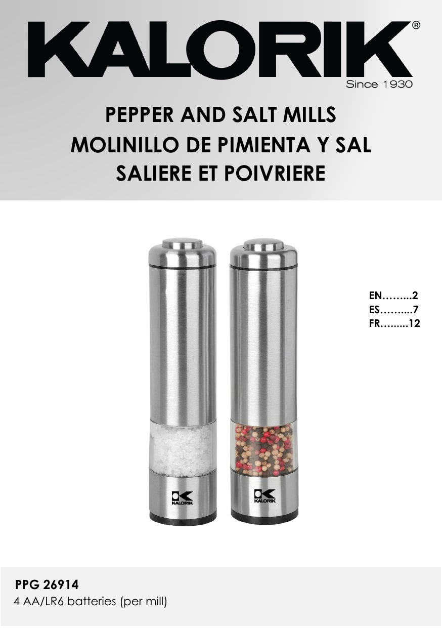 Kalorik PPG-40738BK Rechargeable Stainless Steel Salt and Pepper