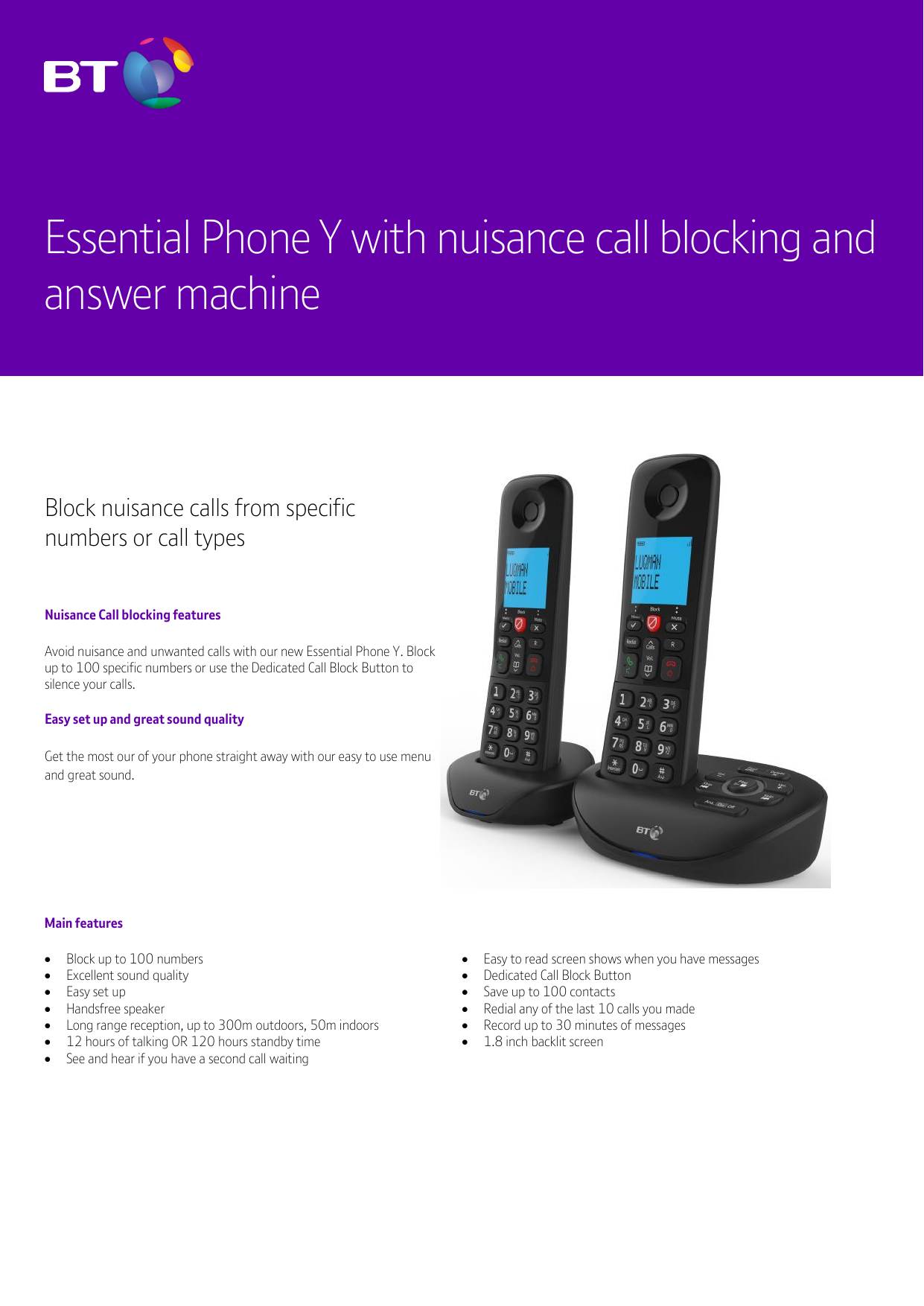 BT Essential Phone Y Twin Nuisance Call Blocker Digital Cordless Telephone 