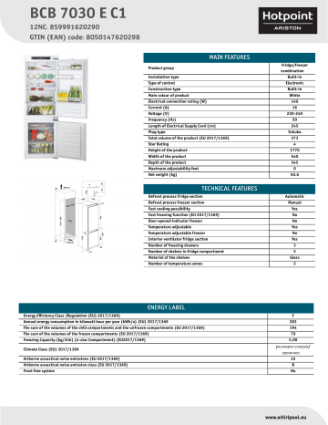 HOTPOINT/ARISTON BCB 7030 E C1 Fridge/freezer combination NEL Data Sheet | Manualzz