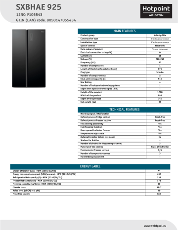 HOTPOINT/ARISTON SXBHAE 925 Side-by-Side Product Data Sheet | Manualzz