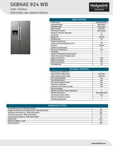 HOTPOINT/ARISTON SXBHAE 924 WD Side-by-Side Product Data Sheet | Manualzz