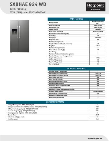 HOTPOINT/ARISTON SXBHAE 924 WD Side-by-Side Product Data Sheet | Manualzz