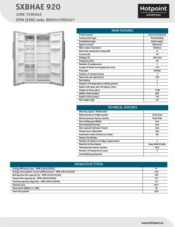 HOTPOINT/ARISTON SXBHAE 920 Side-by-Side Product Data Sheet | Manualzz