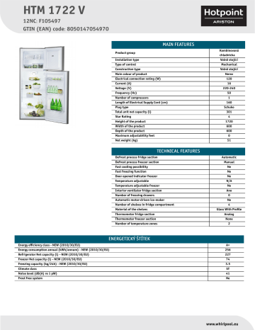HOTPOINT/ARISTON HTM 1722 V Fridge/freezer combination Product Data Sheet | Manualzz