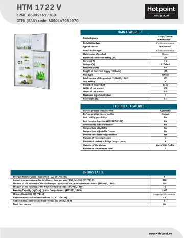 HOTPOINT/ARISTON HTM 1722 V Fridge/freezer combination NEL Data Sheet | Manualzz