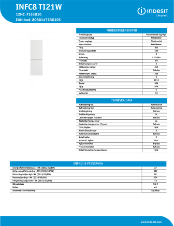 Indesit INFC8 TI21W Fridge/freezer combination Produktdatablad | Manualzz