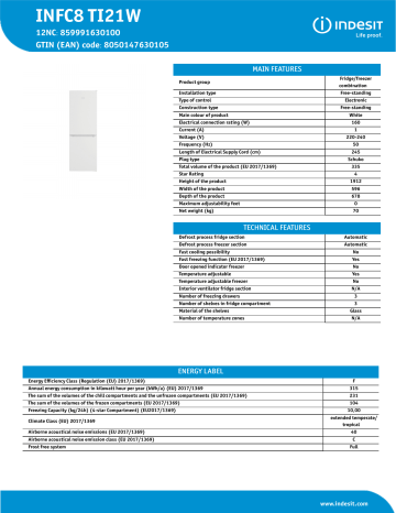 Indesit INFC8 TI21W Fridge/freezer combination NEL Data Sheet | Manualzz