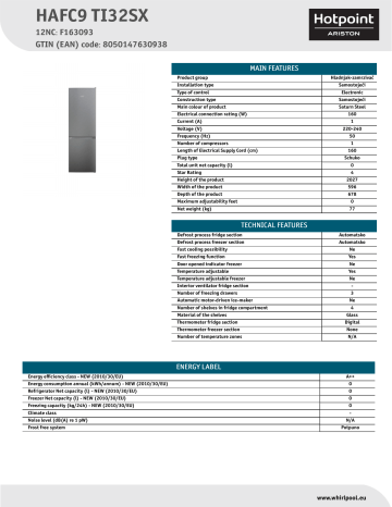 HOTPOINT/ARISTON HAFC9 TI32SX Fridge/freezer combination Product Data Sheet | Manualzz