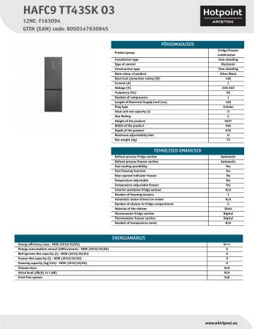 HOTPOINT/ARISTON HAFC9 TT43SK O3 Fridge/freezer combination Product Data Sheet | Manualzz