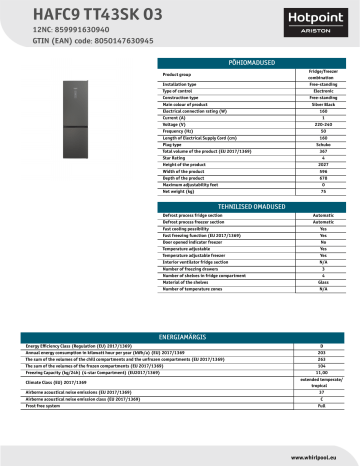 HOTPOINT/ARISTON HAFC9 TT43SK O3 Fridge/freezer combination NEL Data Sheet | Manualzz