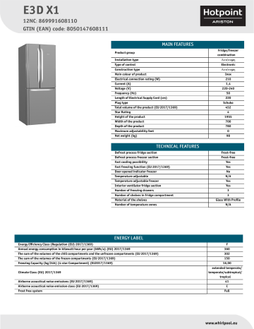 HOTPOINT/ARISTON E3D X1 Fridge/freezer combination NEL Data Sheet | Manualzz