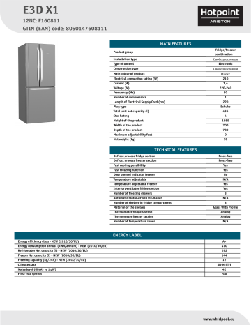 HOTPOINT/ARISTON E3D X1 Fridge/freezer combination Product Data Sheet | Manualzz